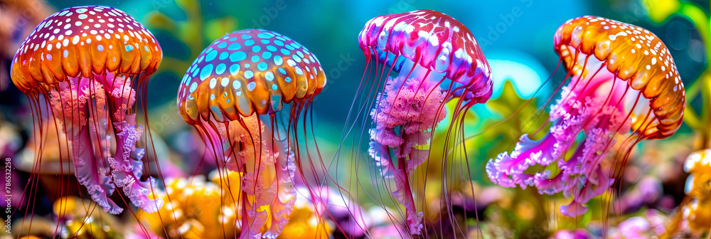 A group of jellyfish with different colors and patterns A group of jellyfish with different colors and patterns