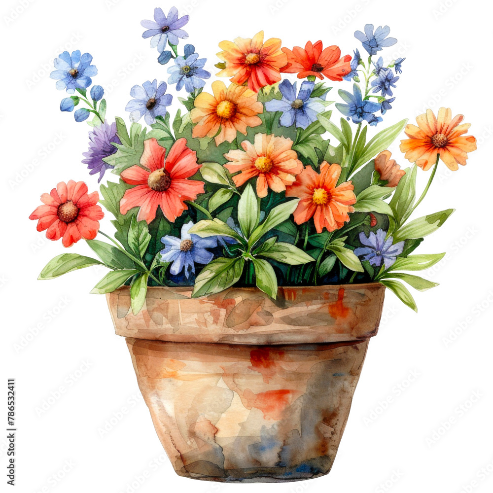 A delightful set of watercolor clipart featuring various spring flowers in pots, Vibrant Spring Flowers in Pots Watercolor Clipart, Watercolor Garden Potted Plants, Floral PNG, Terracotta Pot PNG, 

