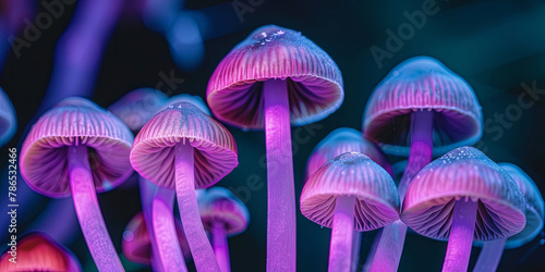 A bunch of purple mushrooms are growing in a forest