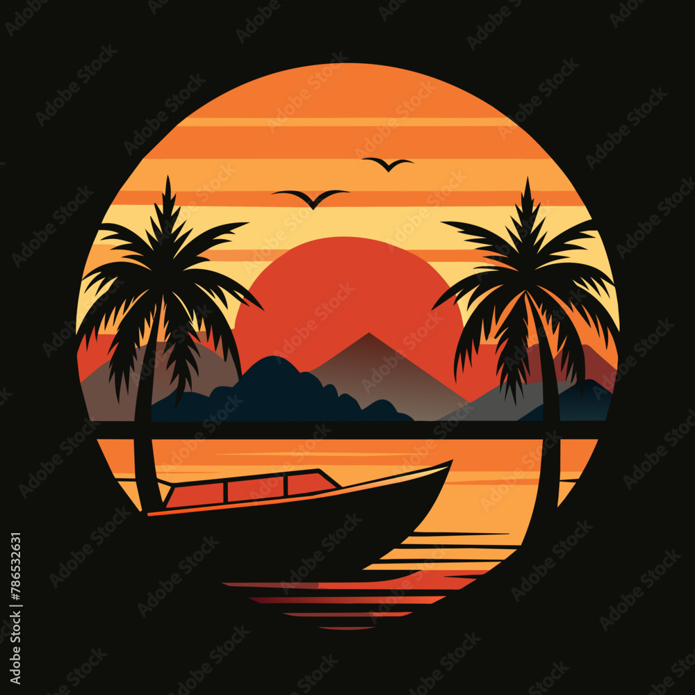 Sunset with palm tree vector illustration
