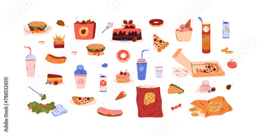 Various fast food or street snacks symbols, flat vector illustration isolated.