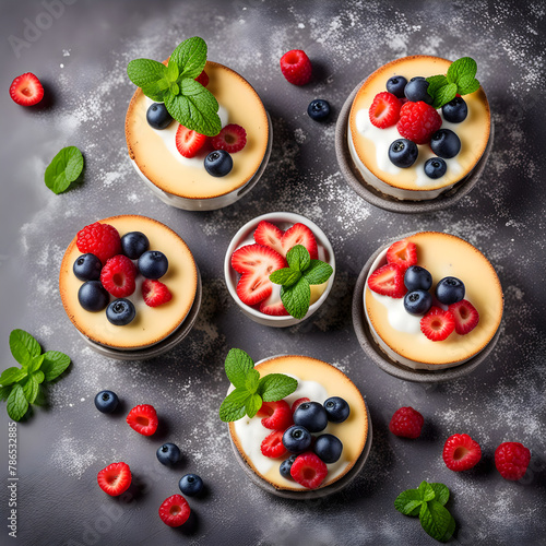 Set of cheesecakes with fresh berries and mint