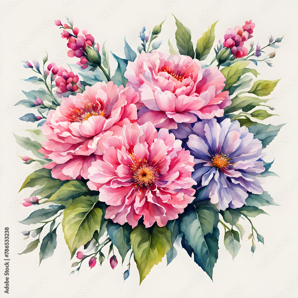 Watercolor bouquet of pink flowers