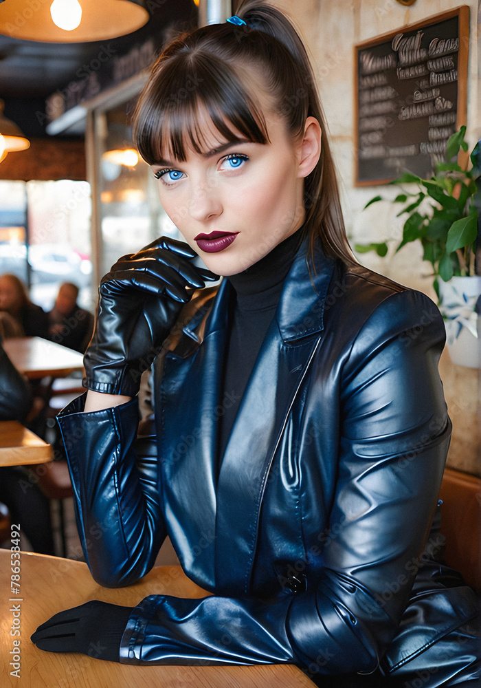 Cafe Confident: Blue-Eyed Beauty woman Flirts in Leather Blazer and Gloves. generative AI