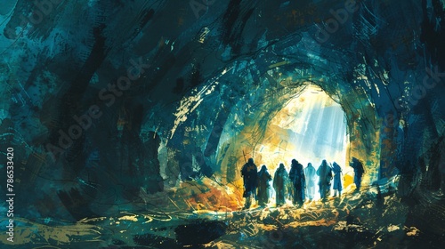 Resurrection morning followers find the empty tomb portrayed in a digital watercolor painting with light streaming into the darkness