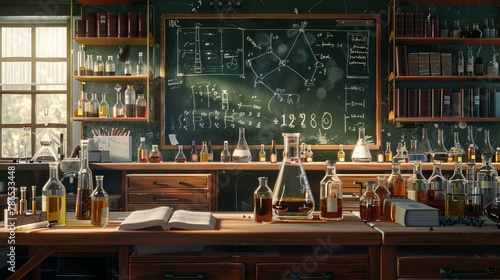 A chemistry classroom with a teacher's desk, lab equipment, and a blackboard full of formulas. There are bottles of chemicals on the shelves for science and education.