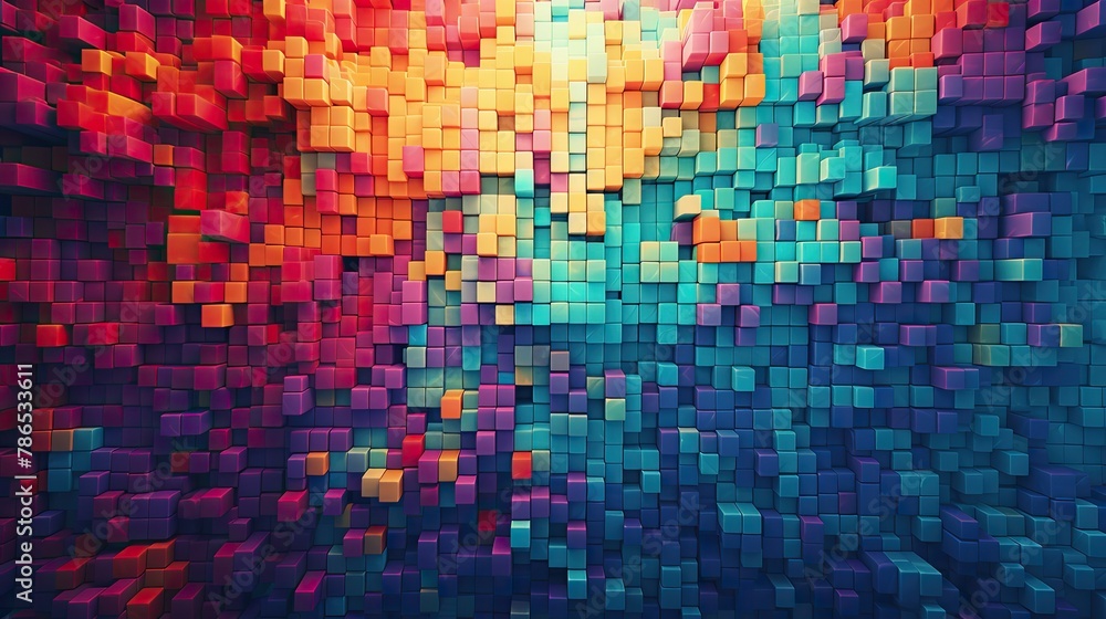 Fototapeta premium Colorful pixelated texture, reminiscent of retro video games, bright and lively background for gaming content.
