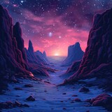 cosmic, desert landscape of alien planet with mountains, rocks, deep crevices and shining stars in space. Space computer game background