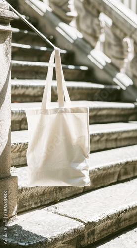A blank white tote bag hanging from the handrail of a concrete stair, product photography in the style of soft shadows