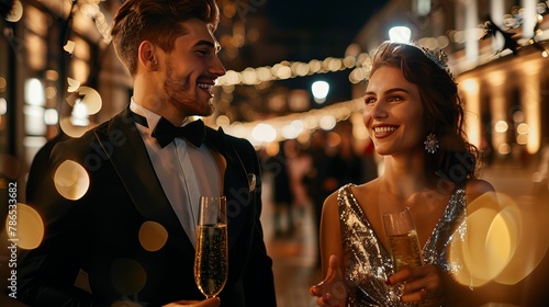 A handsome young couple, dressed elegantly, celebrate at a nighttime gathering. photo