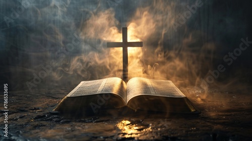 Sacred text lies open with a cross at its heart divine light illuminating its pages from the heavens above photo