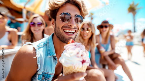 A group of friends enjoying ice cream cones outdoors, laughing and having fun together on the city street or beach.