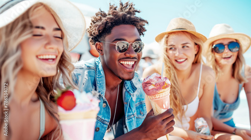 A group of friends enjoying ice cream cones outdoors, laughing and having fun together on the city street or beach. photo