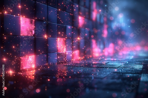 Abstract background with blue and pink glowing squares on a dark blue background.