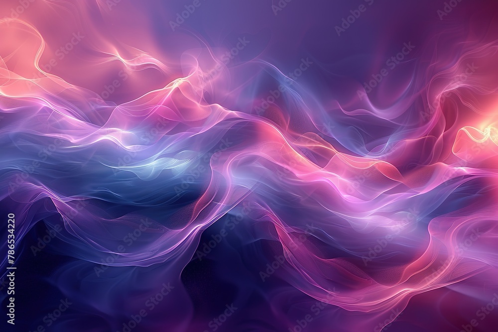 Abstract purple and blue background with blurred shapes of light, a soft gradient that transitions from one color to another, creating an atmosphere of calmness and tranquility.