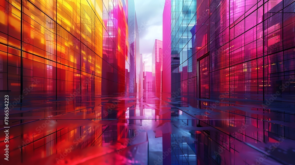 Capture the eerie beauty of dystopian architecture with a pop art twist! Show vibrant colors and angular buildings from unusual camera angles for a fresh perspective Digital Rendering Techniques,