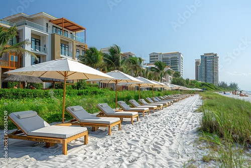 Fototapeta Naklejka Na Ścianę i Meble -  A beach with a row of beach chairs and umbrellas