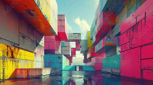 Capture the eerie beauty of dystopian architecture with a pop art twist! Show vibrant colors and angular buildings from unusual camera angles for a fresh perspective Digital Rendering Techniques, photo