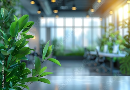 A leafy plant is in a room with a window and a desk photo