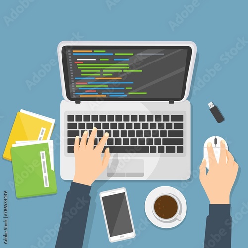 Codifica programmatore su computer portatile su scrivania illustrazione  , cartone animato libero libero piatto seduto sul tavolo di lavoro e codice di programmazione su pc, web developer tav photo