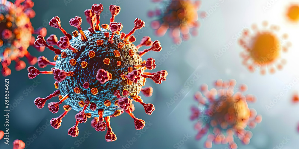 A close up of a virus with red and blue colors A close up of a virus with red and blue colors