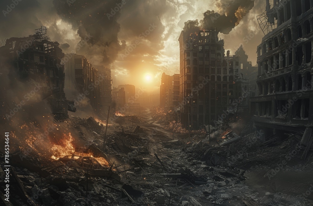 A desolate cityscape with a sun in the sky. The sky is dark and the sun is low on the horizon. The buildings are in ruins and the streets are littered with debris. Scene is bleak and desolate