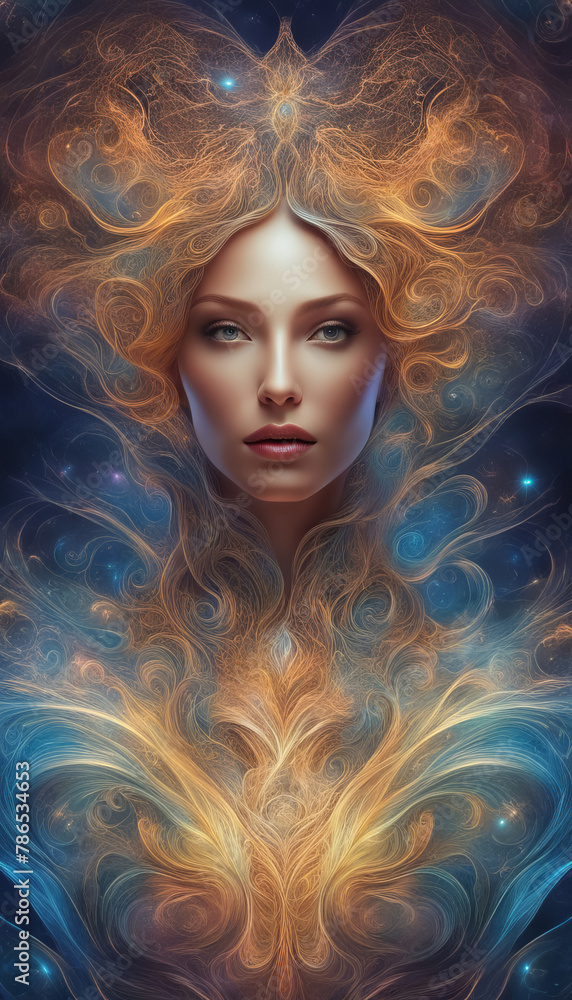 Cosmic Symphony of Light and Color with a Female Face where Star Nebulas and Galaxies Intertwine in a Magical Dance Cosmic Symphony of Light and Color with a Female Face where Star Nebulas and Galaxies Intertwine in a Magical Dance