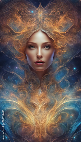 Cosmic Symphony of Light and Color with a Female Face where Star Nebulas and Galaxies Intertwine in a Magical Dance