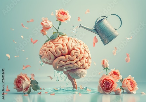A brain is surrounded by pink flowers and a watering can