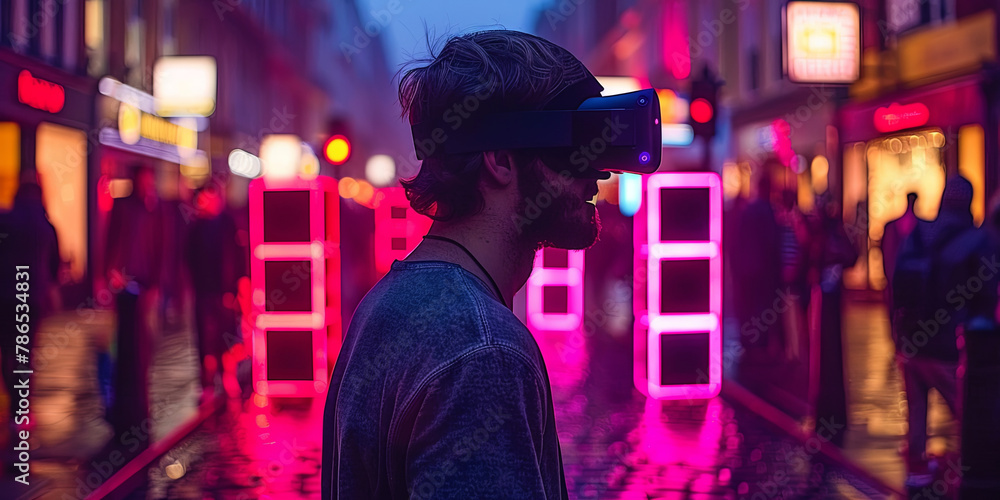 A man wearing a virtual reality headset stands in front of a row of boxes