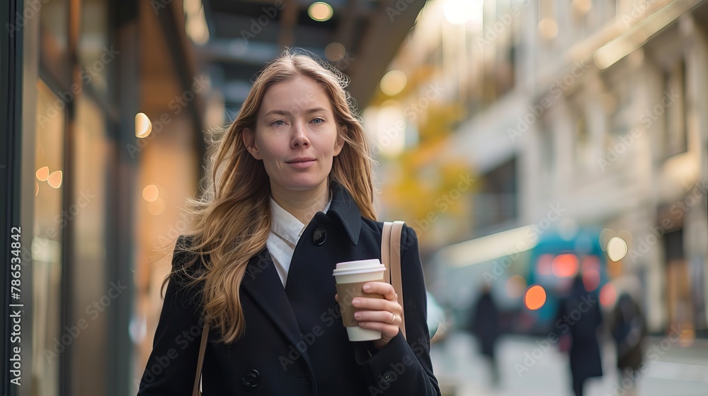 A woman walks to work with a cup of coffee in hand. She is dressed professionally and looks confident. A woman walks to work with a cup of coffee in hand. She is dressed professionally and looks confident.