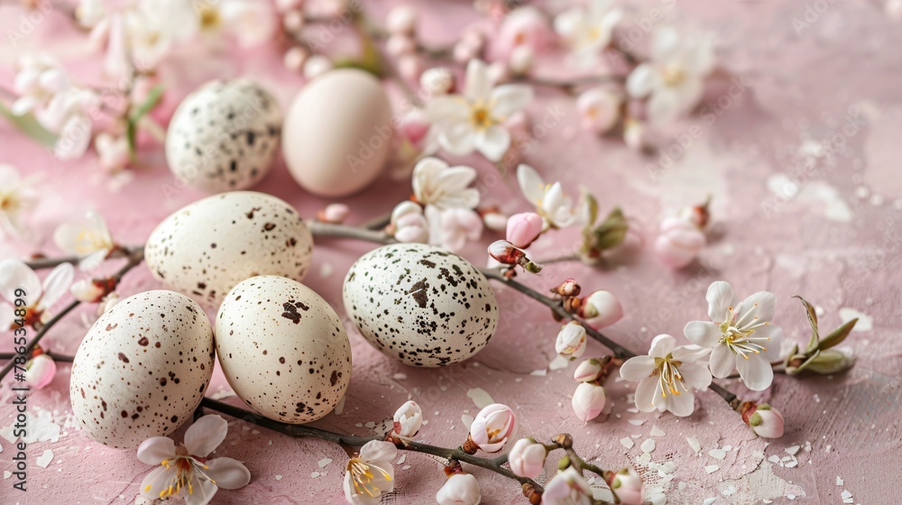 Springtime jubilee on pink Easter eggs amidst flower buds an invitation for text Springtime jubilee on pink Easter eggs amidst flower buds an invitation for text