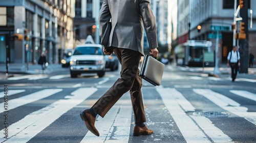 A man in a suit crosses a city street at a crosswalk. He carries a laptop bag in one hand and a smartphone in the other. photo