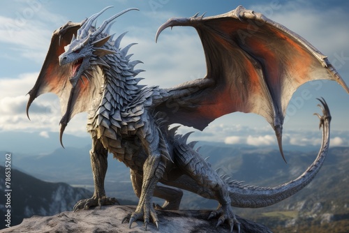 A large dragon stands on the top of a mountain with its wings raised