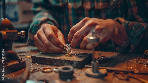 A skilled jeweler carefully crafts a ring using specialized tools in their workshop. photo