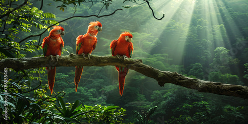 Three red parrots are perched on a branch in a lush green forest