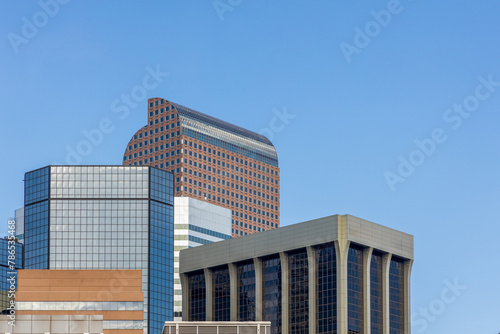 Looking up skyscrapers in the financial and business district in downtown Denver, Colorado