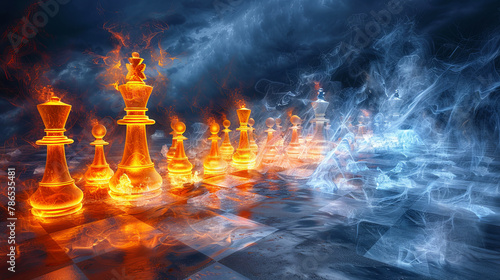 A chess board with a blue background and a fire effect on the pieces photo