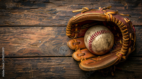 Wooden Background with Baseball and Mitt, Generative AI