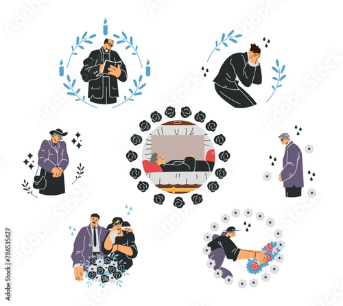 Funeral ceremony and burial service concept icons set.