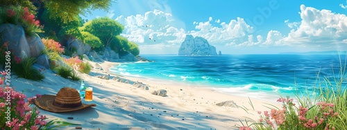 Craft a photorealistic digital rendering showcasing a panoramic view of a sandy beach, complete with a clipart beach bag bursting with essentials such as a floppy hat, a refreshing drink, and a good b photo