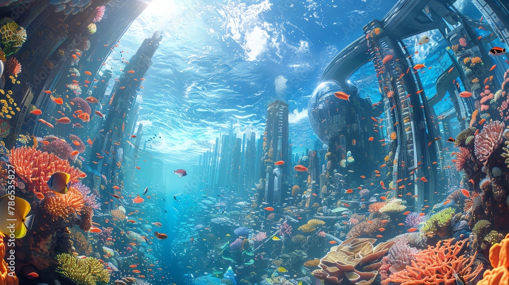 Illustrate a high-tech underwater city blending with vibrant coral ...