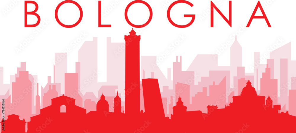 Red panoramic city skyline poster with reddish misty transparent background buildings of BOLOGNA, ITALY