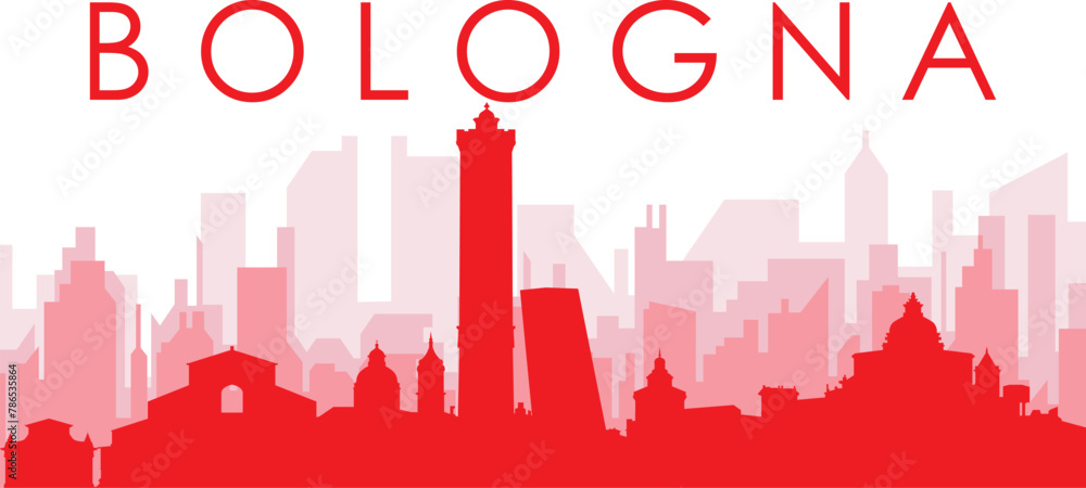 Red panoramic city skyline poster with reddish misty transparent background buildings of BOLOGNA, ITALY Red panoramic city skyline poster with reddish misty transparent background buildings of BOLOGNA, ITALY