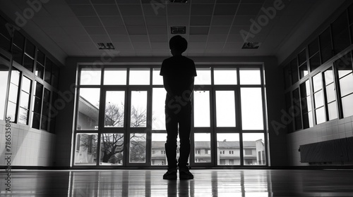 Teenage boy a silhouette of solitude in the school hall the weight of unseen challenges around him