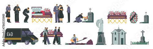 Funeral cemetery ceremony vector illustration set, grave and mourning people, coffin priest, funeral car, burial service photo