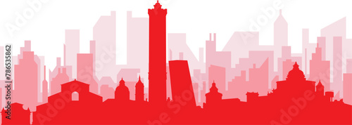 Red panoramic city skyline poster with reddish misty transparent background buildings of BOLOGNA, ITALY