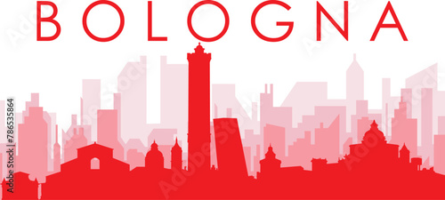 Red panoramic city skyline poster with reddish misty transparent background buildings of BOLOGNA, ITALY