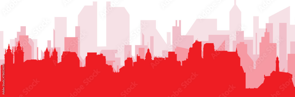 Red panoramic city skyline poster with reddish misty transparent background buildings of SALVADOR, BRAZIL