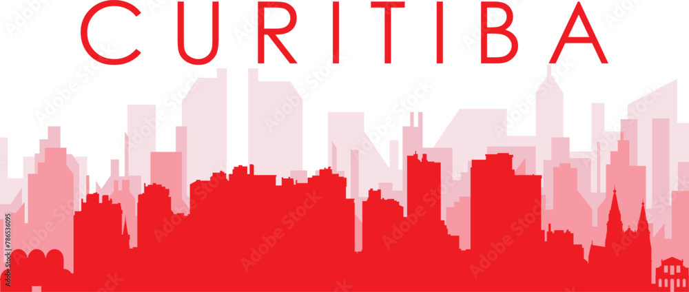 Red panoramic city skyline poster with reddish misty transparent background buildings of CURITIBA, BRAZIL